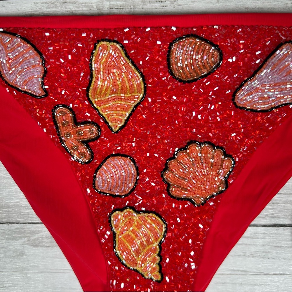 Anthropologie Oceanus Hand Beaded Seashell Bikini Bottoms Red XL NWT $150 - Picture 6 of 10
